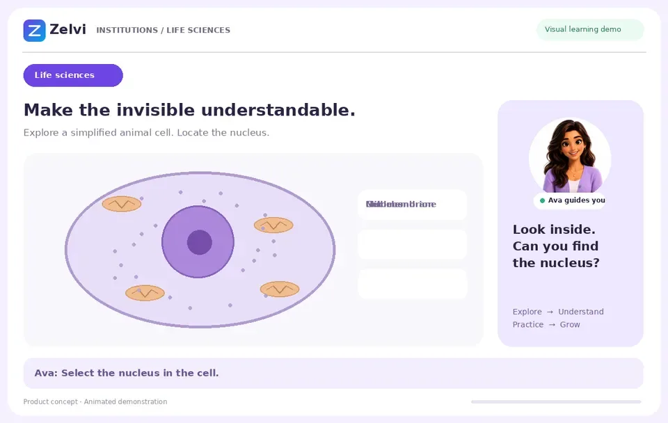 Identifying the nucleus in a simplified animal-cell diagram.